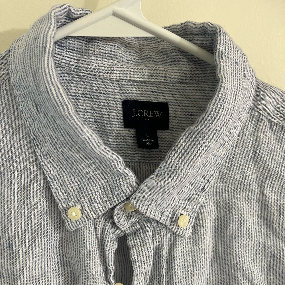 J. Crew Men Blue White Classic Stripes Button Down Long Sleeve Shirt 100% Linen